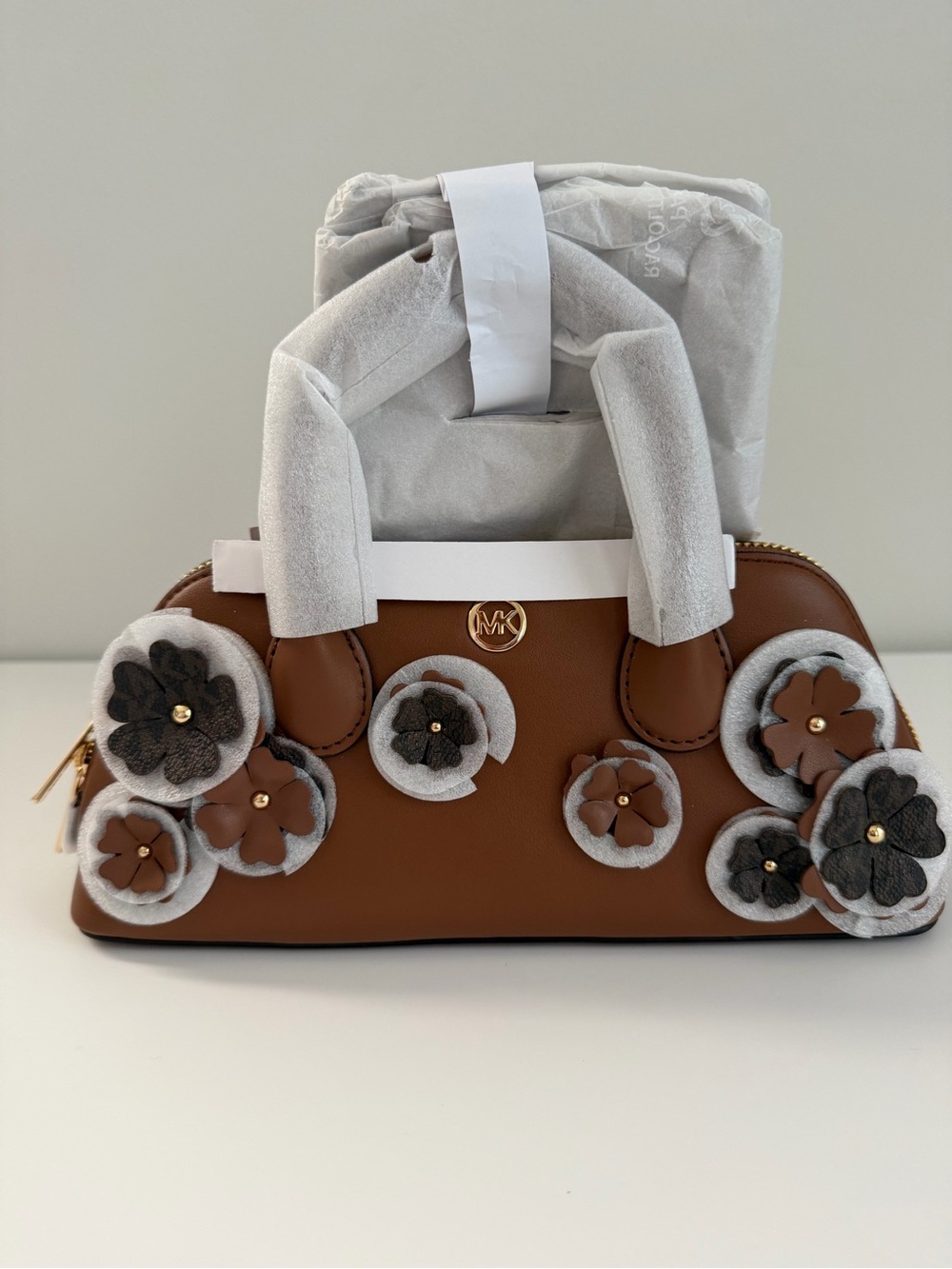 Michael Kors Brown Floral Applique Dome Satchel